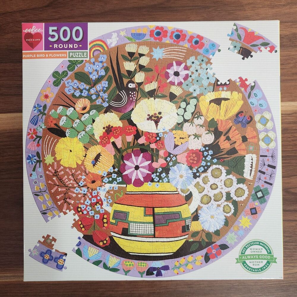 eeBoo 500 Piece Puzzle Purple Birds Flowers 23" Round Colorful Whimsical Sealed